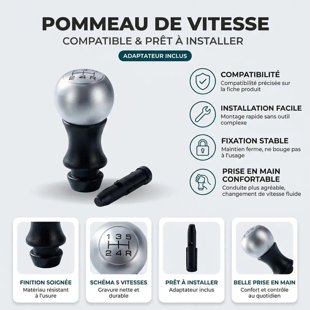 Compatibilité et caractéristiques du pommeau de vitesse mat 206