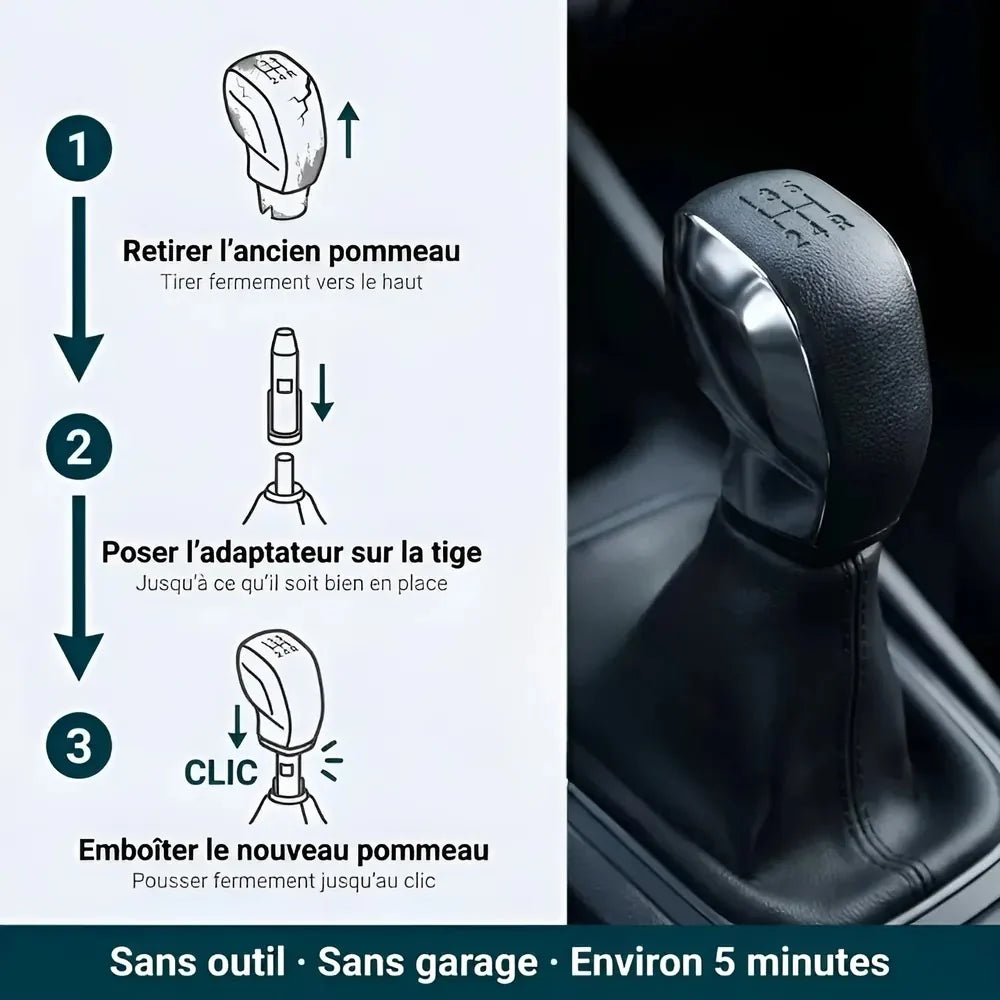 Étapes d'installation du pommeau de vitesse 207 avec adaptateur, sans outil et sans garage
