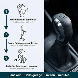 Étapes d'installation du pommeau de vitesse 3008 avec adaptateur, sans outil et sans garage