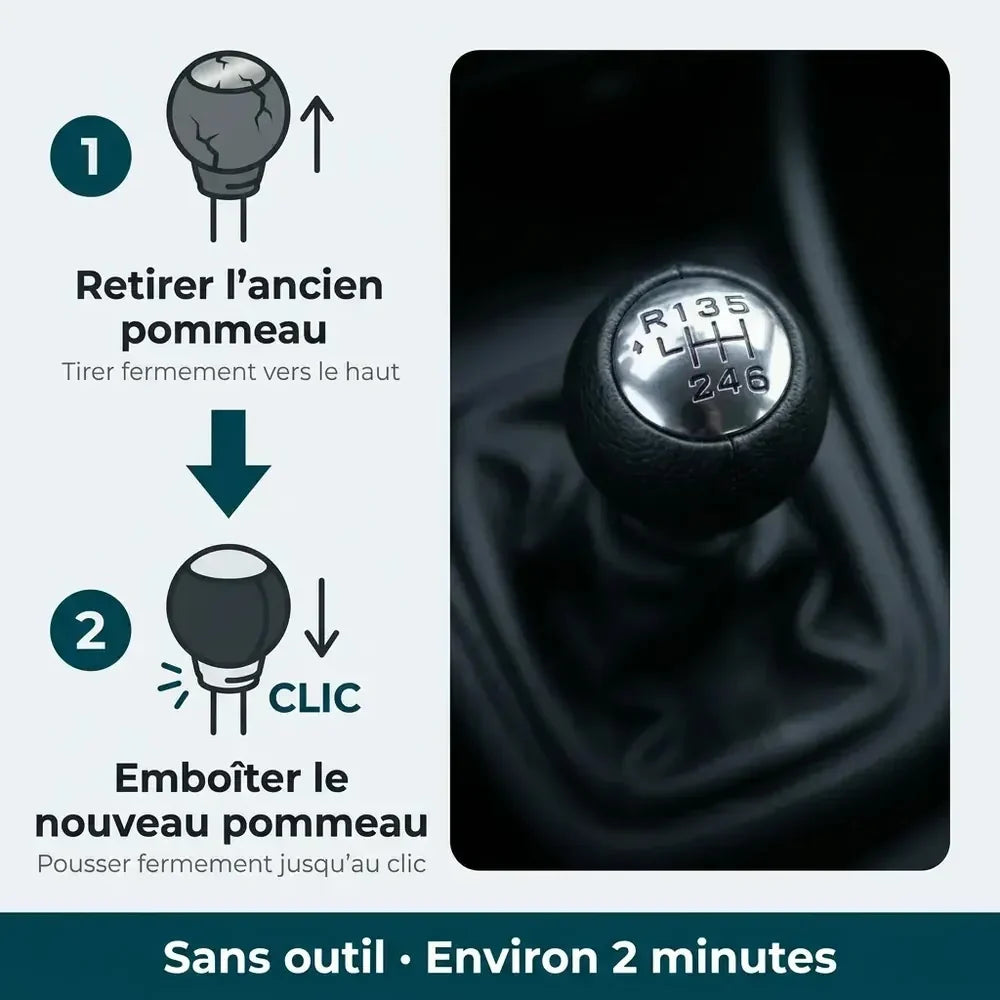 Étapes d'installation du pommeau de vitesse simili-cuir 3008, sans garage