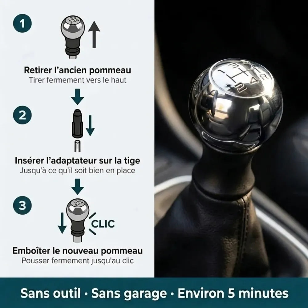 Étapes de montage du pommeau de vitesse chromé C3 — sans outil