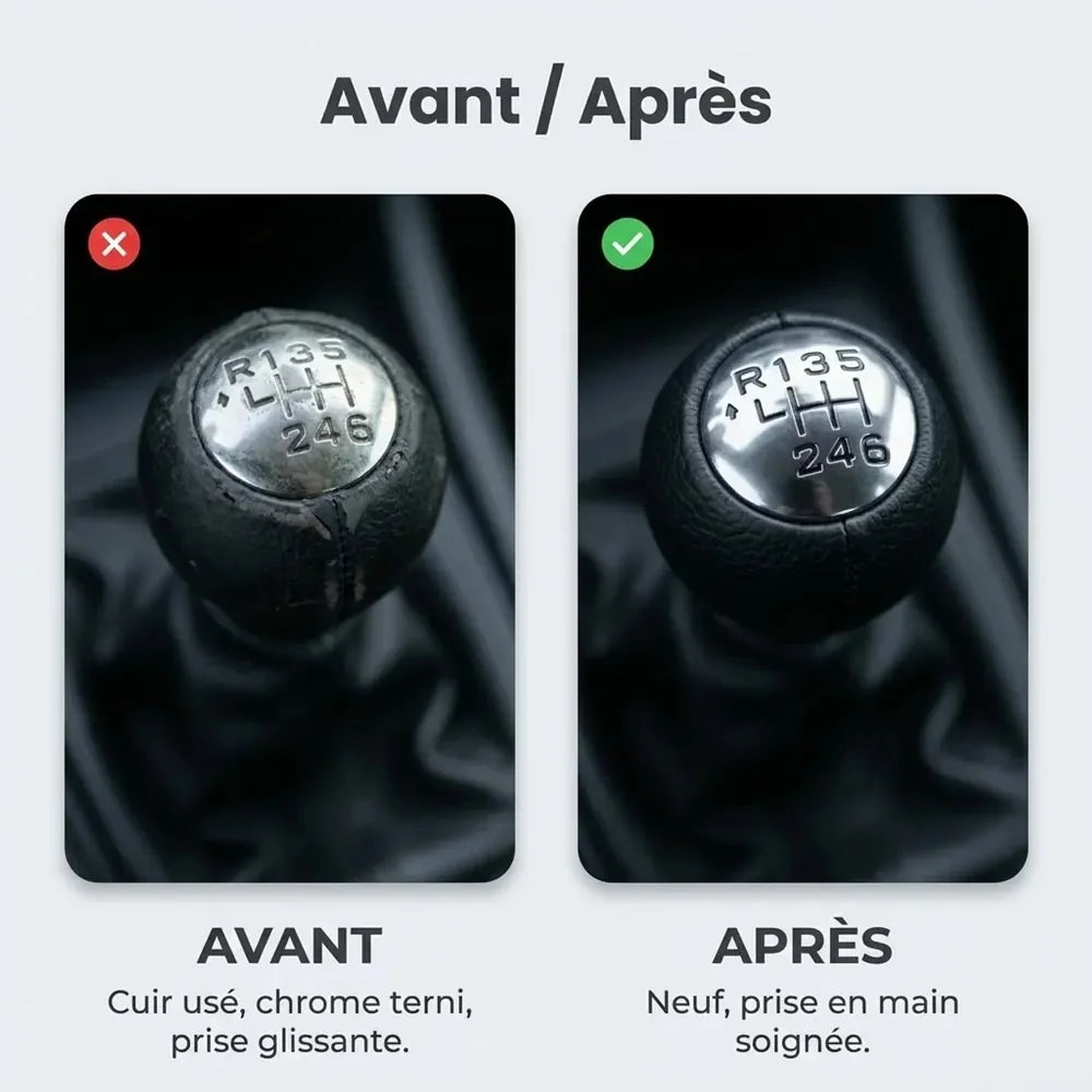 Comparatif avant/après entre l'ancien pommeau usé et le nouveau pommeau simili-cuir C4