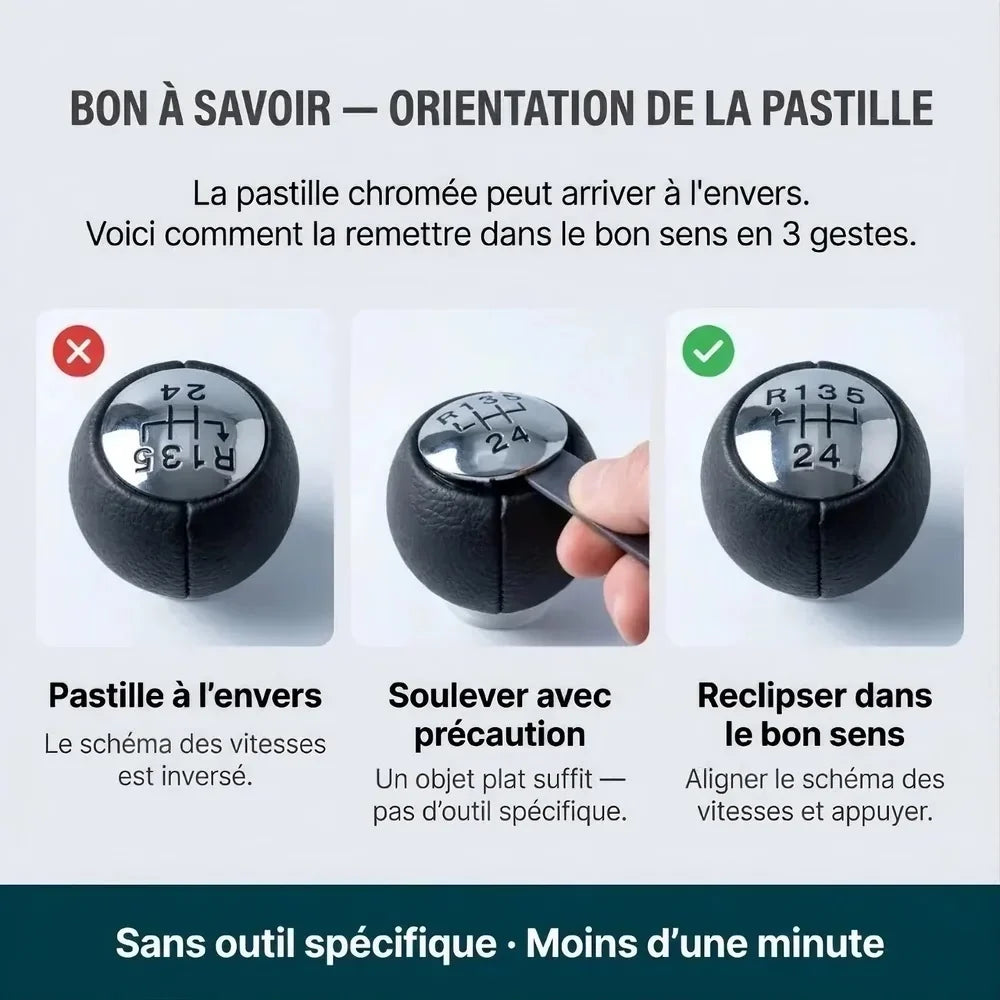 Orientation de la pastille chromée du pommeau de vitesse simili-cuir C4, remise dans le bon sens en 3 gestes