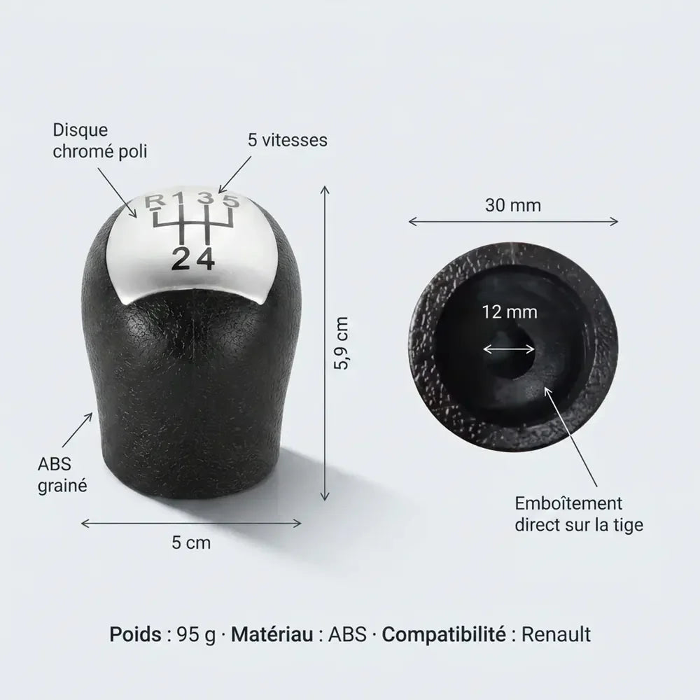 Fiche technique du pommeau de vitesse chromé Clio 1 : dimensions, poids et matériau ABS grainé