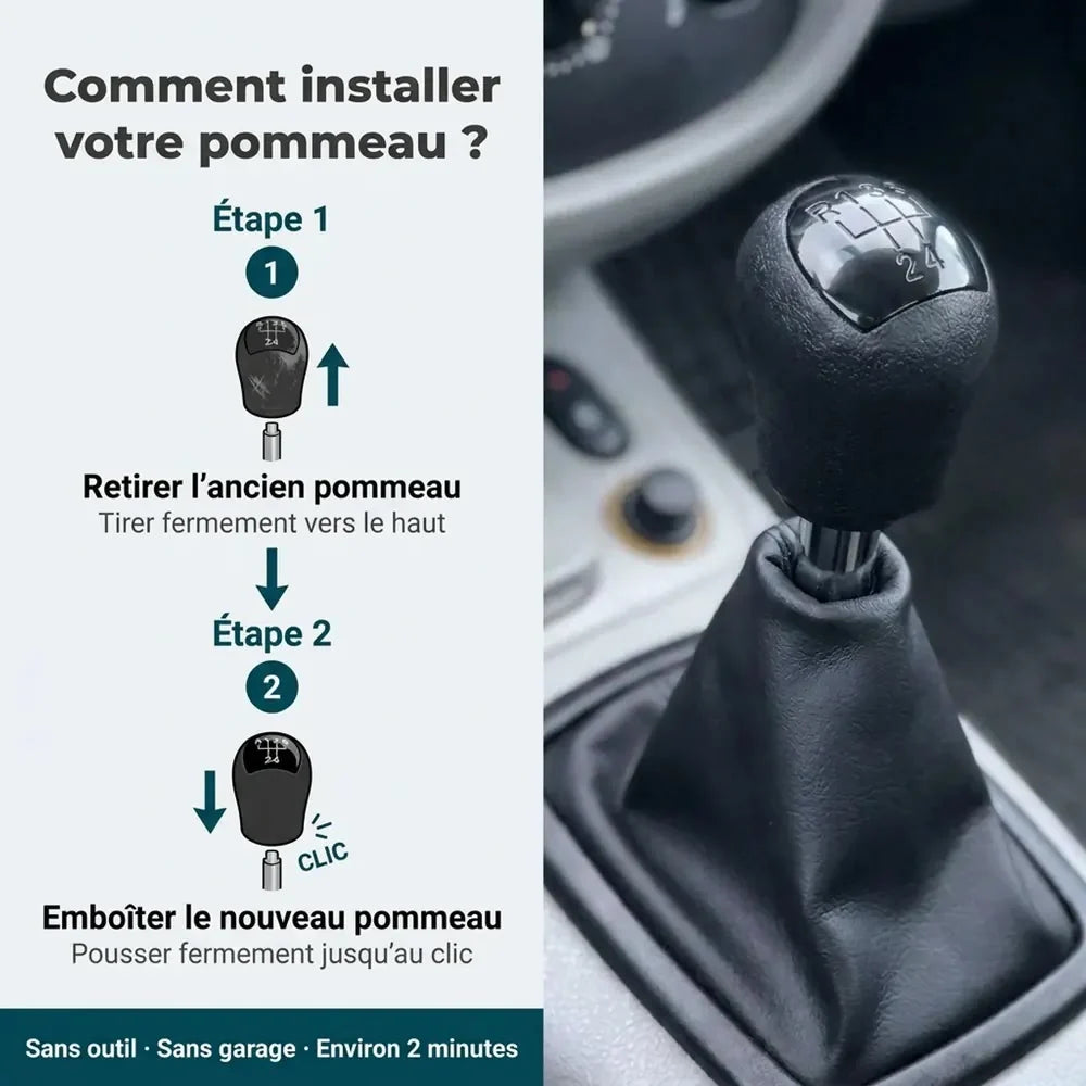 Étapes d'installation du pommeau de vitesse noir Clio 1, sans outil et sans garage