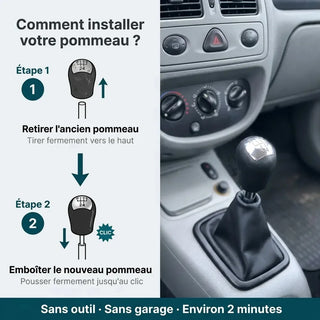 Étapes d'installation du pommeau de vitesse chromé Clio 2, sans outil et sans garage