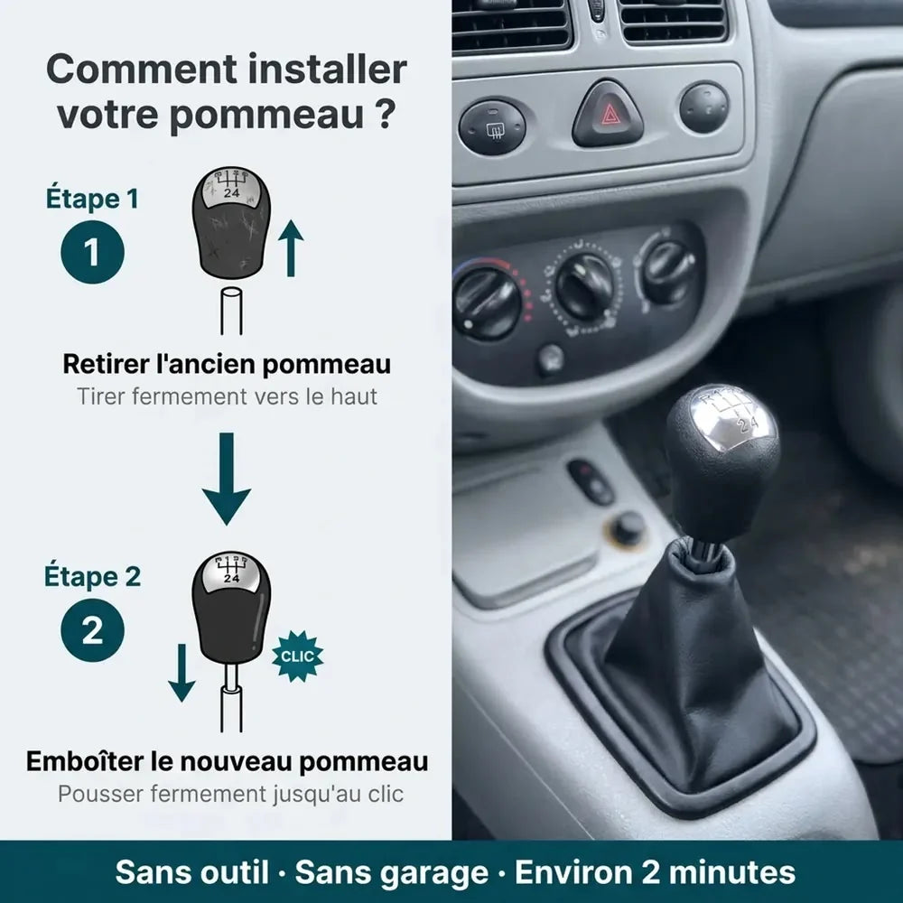 Étapes d'installation du pommeau de vitesse chromé Clio 2, sans outil et sans garage Image