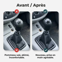 Comparatif avant/après entre l'ancien pommeau usé et le nouveau pommeau noir Clio 2
