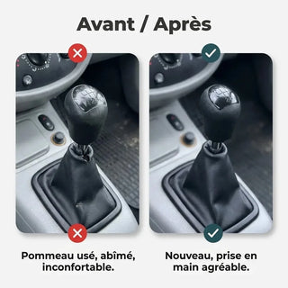 Comparatif avant/après entre l'ancien pommeau usé et le nouveau pommeau noir Clio 2