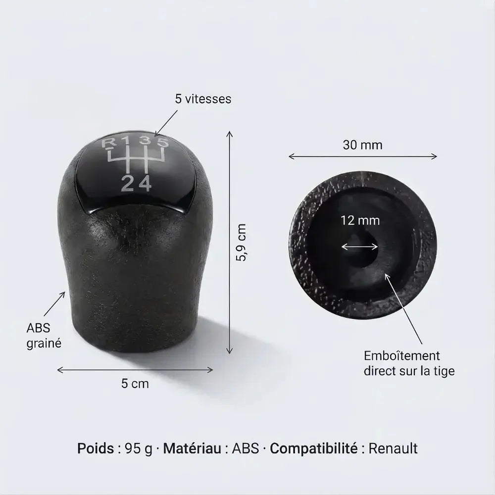 Fiche technique du pommeau de vitesse noir Clio 2 : dimensions, poids et matériau ABS grainé