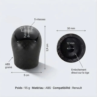 Fiche technique du pommeau de vitesse noir Clio 2 : dimensions, poids et matériau ABS grainé