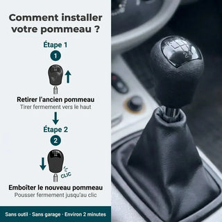 Étapes d'installation du pommeau de vitesse noir Clio 2, sans outil et sans garage
