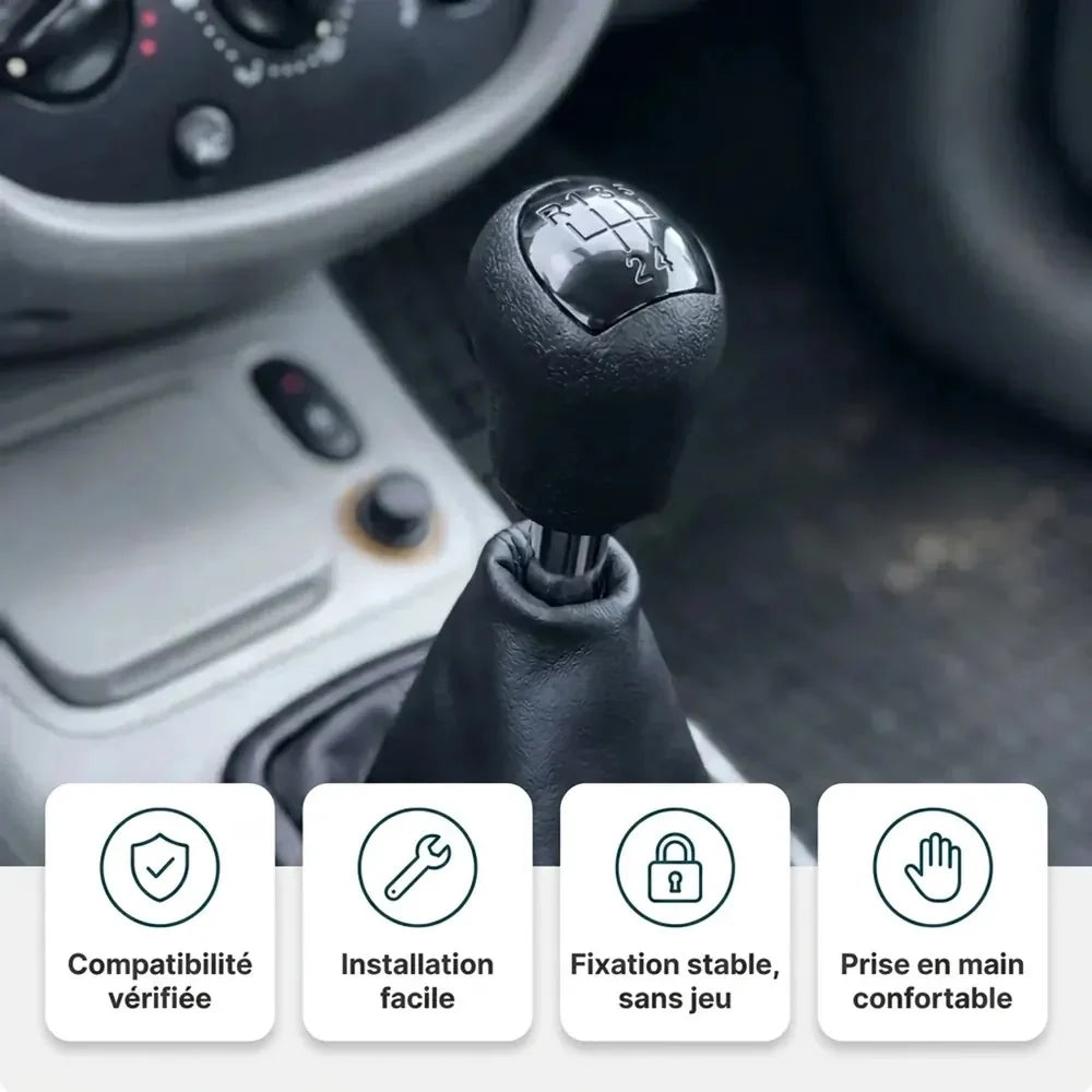 Pommeau de vitesse noir Clio 2 installé : compatibilité vérifiée, fixation stable et prise en main confortable