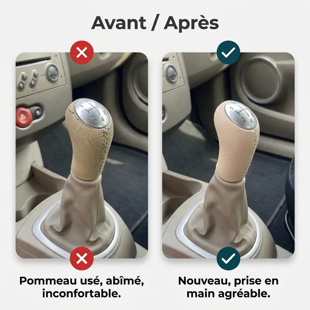 Comparatif avant/après entre l'ancien pommeau usé et le nouveau pommeau beige Clio 3