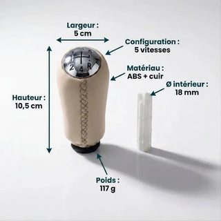 Fiche technique du pommeau de vitesse Clio 3 beige : dimensions, poids, matériau cuir et ABS, adaptateur fourni