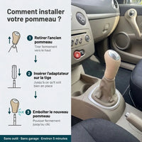 Étapes d'installation du pommeau de vitesse Clio 3 beige avec adaptateur, sans outil et sans garage