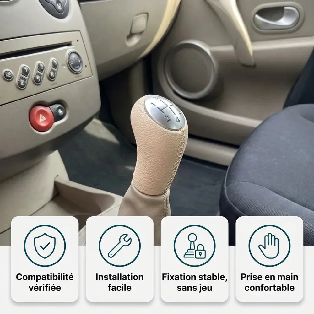 Pommeau de vitesse Clio 3 beige installé : compatibilité vérifiée, installation facile, fixation stable et prise en main confortable