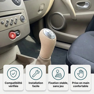 Pommeau de vitesse Clio 3 beige installé : compatibilité vérifiée, installation facile, fixation stable et prise en main confortable