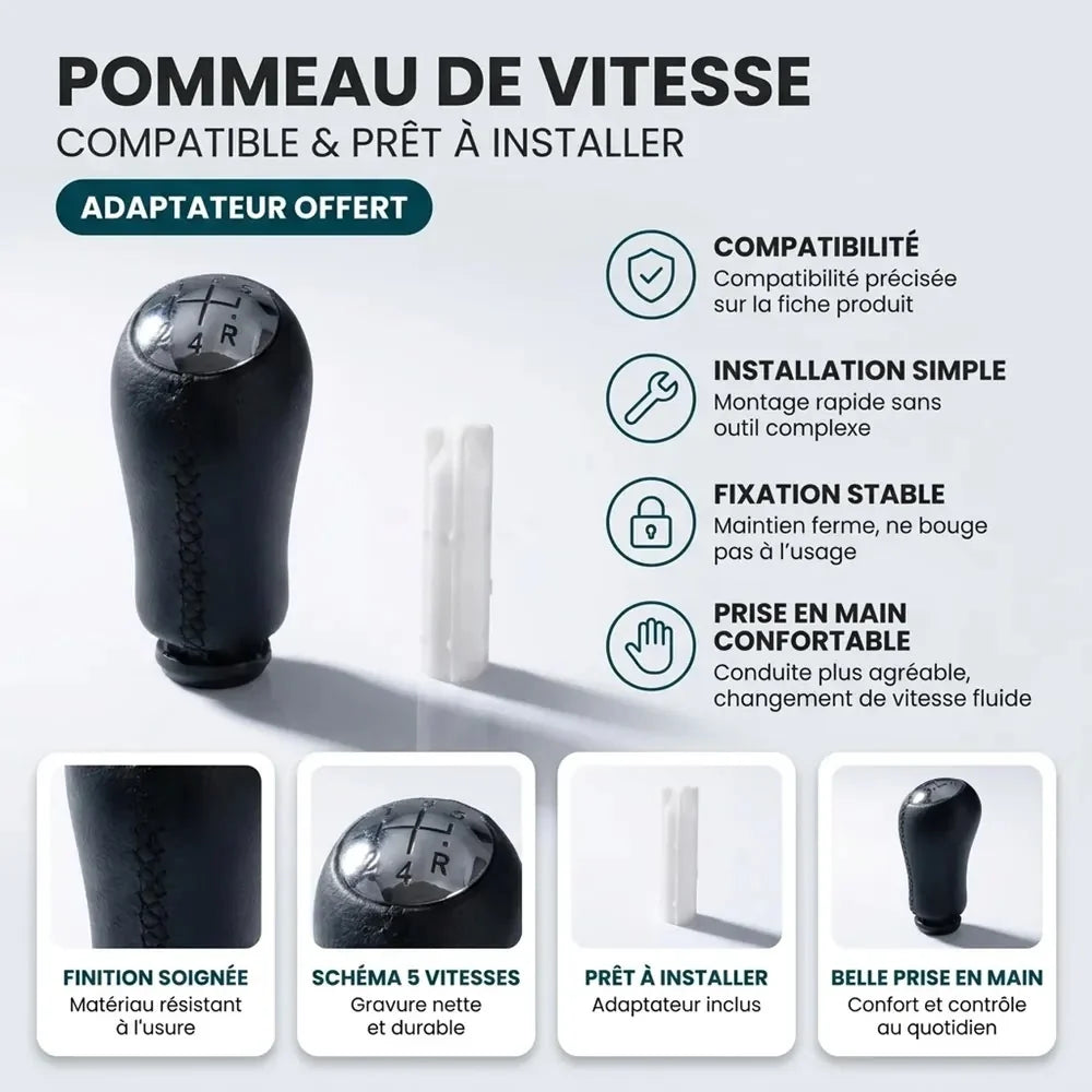 Pommeau de vitesse Clio 3 couture noire compatible et prêt à installer, adaptateur offert : finition soignée, schéma 5 vitesses, installation simple, belle prise en main
