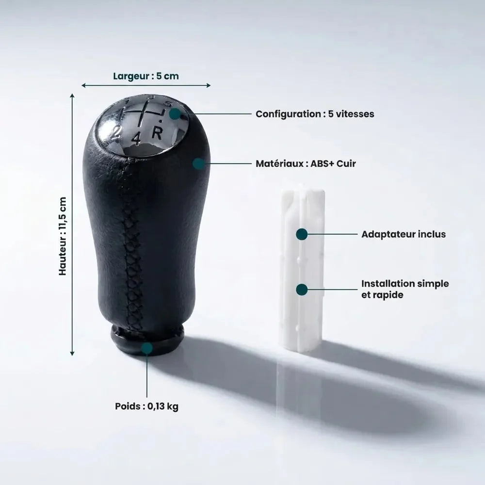 Fiche technique du pommeau de vitesse Clio 3 couture noire : dimensions, poids, matériau cuir et ABS, adaptateur fourni