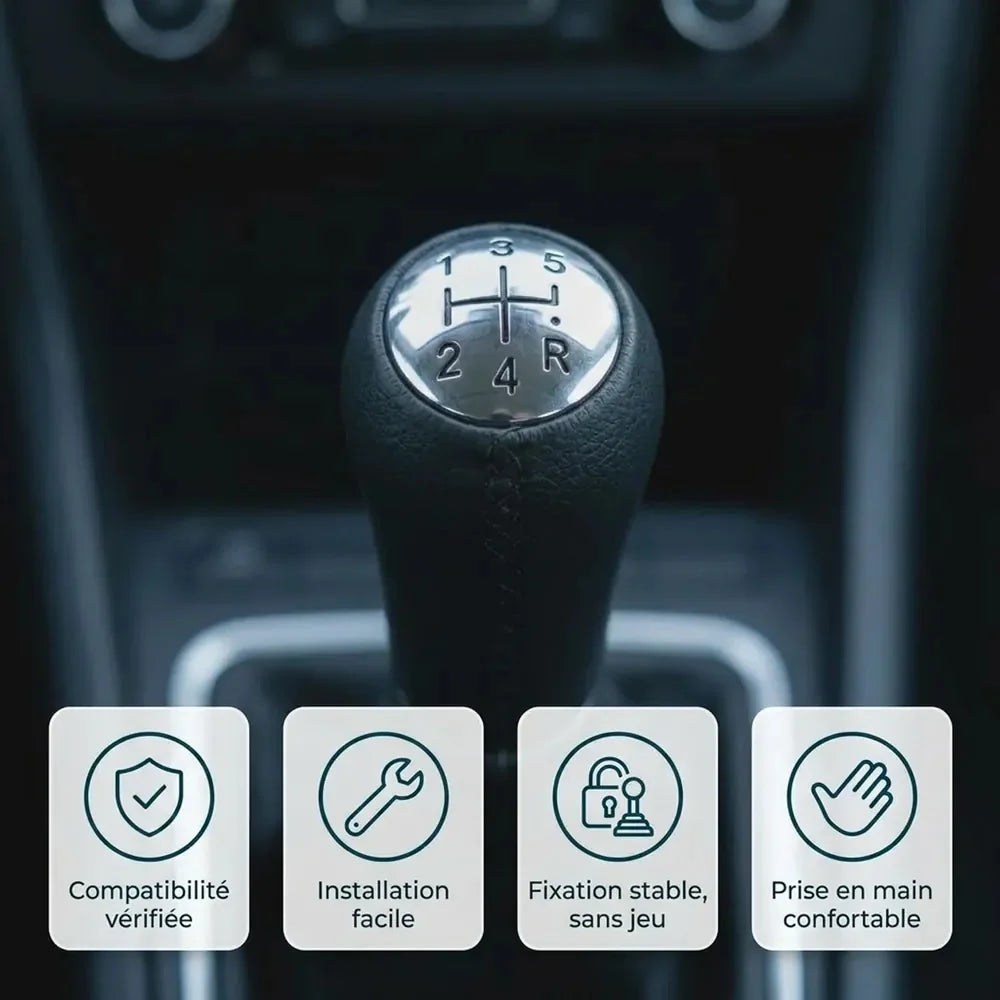 Pommeau de vitesse Clio 3 couture noire installé : compatibilité vérifiée, installation facile, fixation stable et prise en main confortable