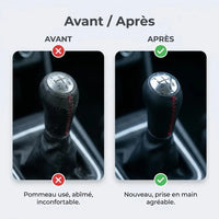 Comparatif avant/après entre l'ancien pommeau usé et le nouveau pommeau de vitesse Clio 3 couture rouge