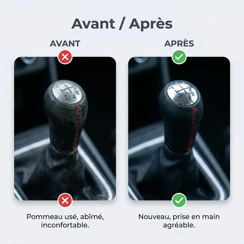 Comparatif avant/après entre l'ancien pommeau usé et le nouveau pommeau de vitesse Clio 3 couture rouge