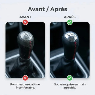 Comparatif avant/après entre l'ancien pommeau usé et le nouveau pommeau de vitesse Clio 3 couture rouge