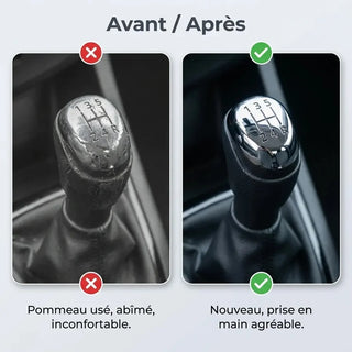 Comparatif avant/après entre l'ancien pommeau usé et le nouveau pommeau chromé Clio 4