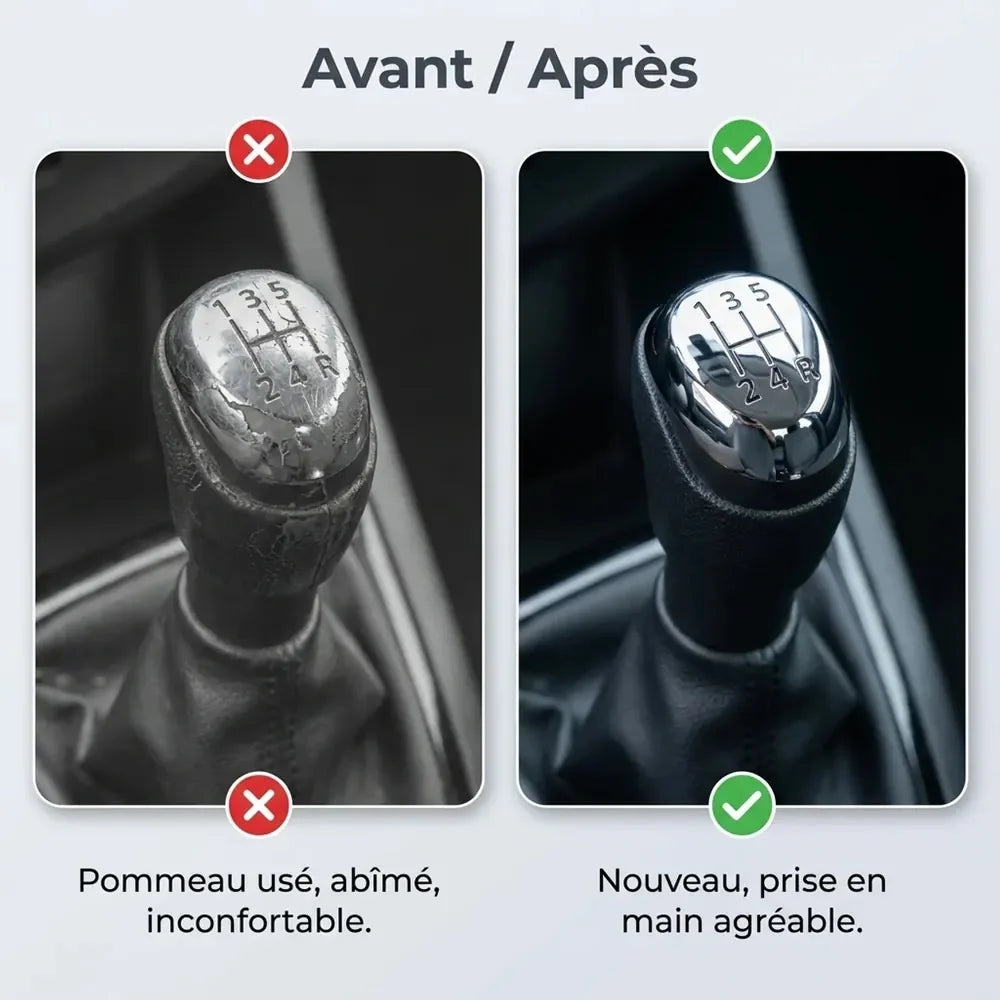 Comparatif avant/après entre l'ancien pommeau usé et le nouveau pommeau chromé Clio 4 Image