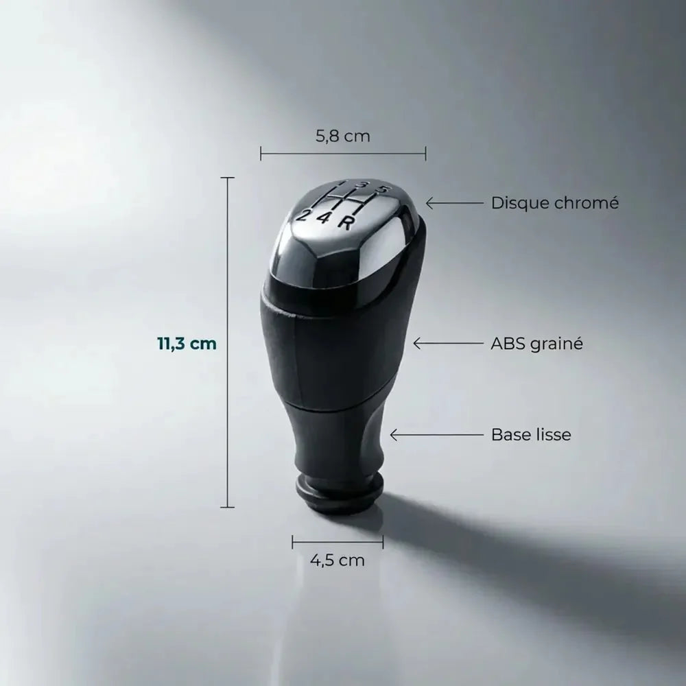 Fiche technique du pommeau de vitesse chromé Clio 4 : dimensions, poids et matériau ABS grainé