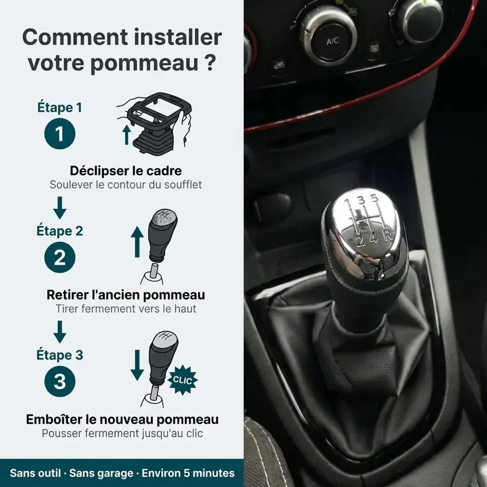 Étapes d'installation du pommeau de vitesse chromé Clio 4, sans outil et sans garage