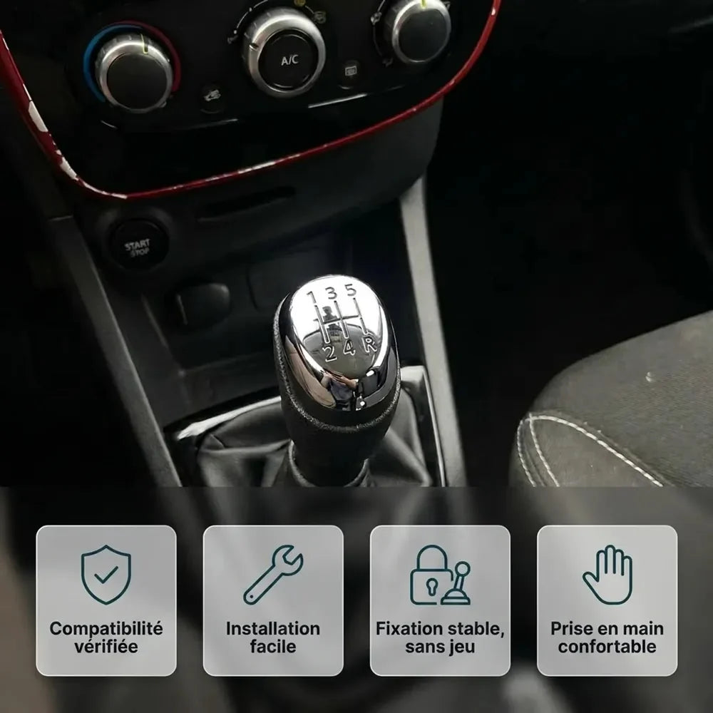 Pommeau de vitesse chromé Clio 4 installé : compatibilité vérifiée, fixation stable et prise en main confortable