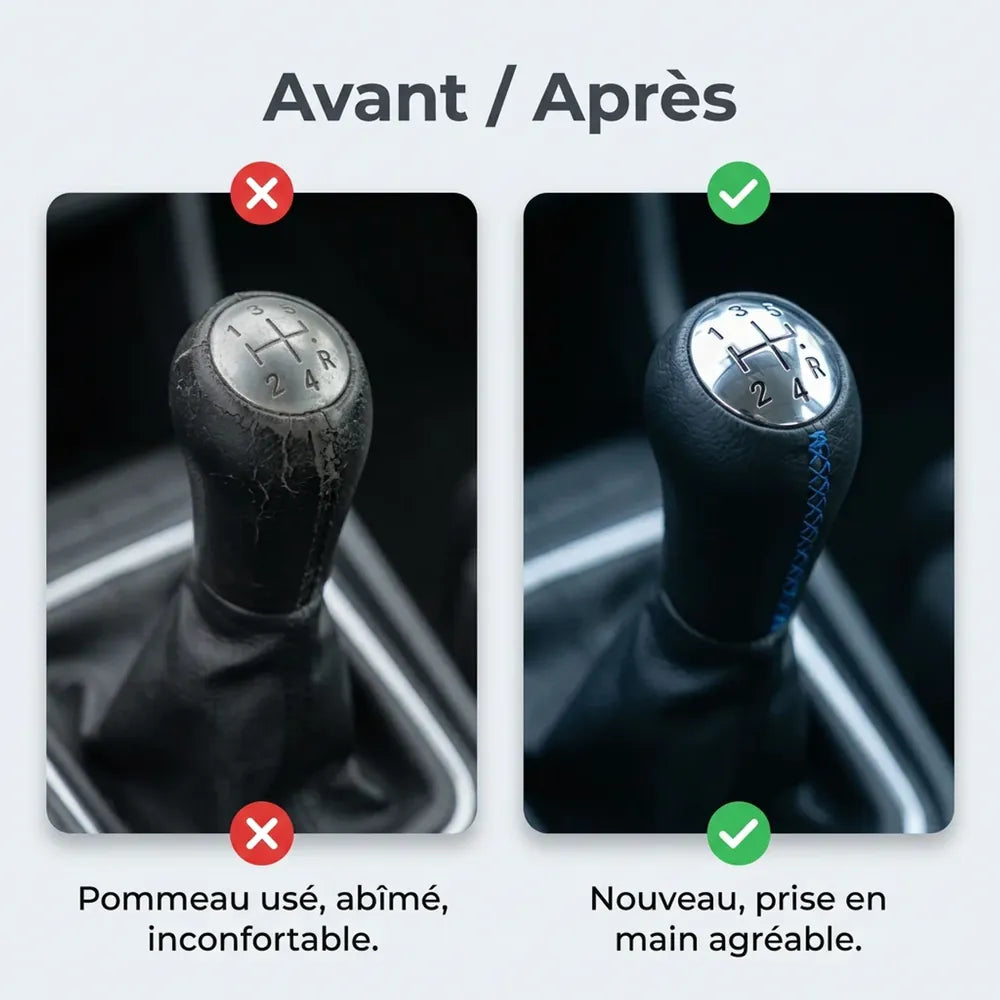 Pommeau de vitesse Clio 4 à couture bleue, comparatif avant/après installation