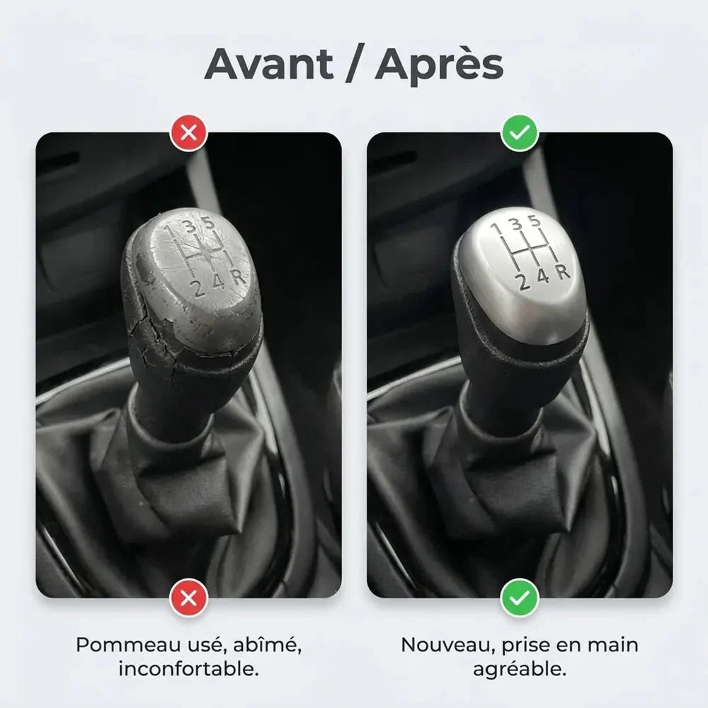 Comparatif avant/après entre l'ancien pommeau usé et le nouveau pommeau mat Clio 4