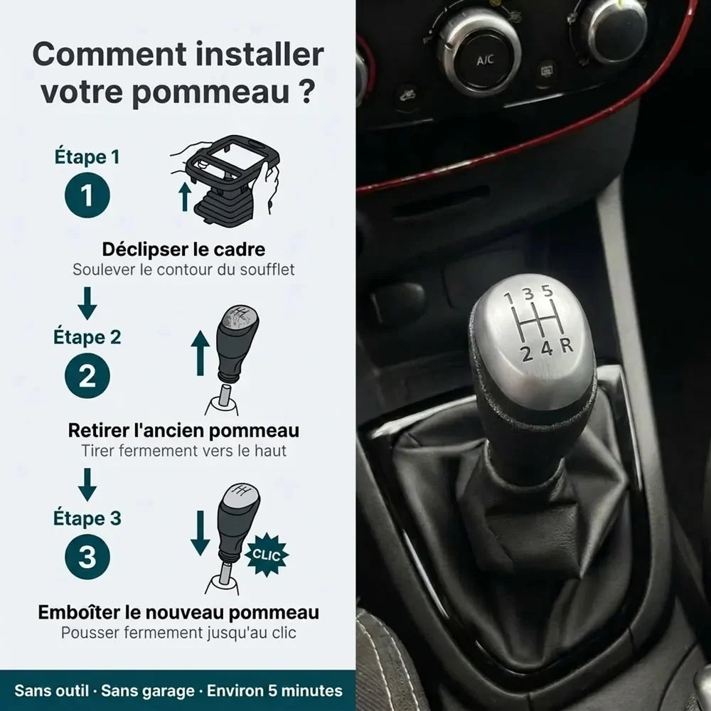 Étapes d'installation du pommeau de vitesse mat Clio 4, sans outil et sans garage