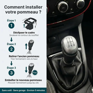 Étapes d'installation du pommeau de vitesse mat Clio 4, sans outil et sans garage