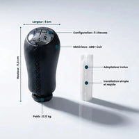 Fiche technique du pommeau de vitesse Kangoo 2 couture noire : dimensions, poids, matériau cuir et ABS, adaptateur fourni