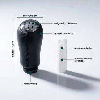 Fiche technique du pommeau de vitesse Kangoo 2 couture noire : dimensions, poids, matériau cuir et ABS, adaptateur fourni