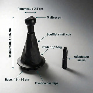 Fiche technique kit pommeau soufflet Citroën Berlingo 2 — dimensions, hauteur 25 cm, base à clips, adaptateur inclus