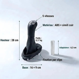 Fiche technique du kit pommeau et soufflet : hauteur 28 cm, base 16 x 9 cm, matériau ABS et simili cuir, poids 0,17 kg, adaptateur 6,3 cm, fixation par clips