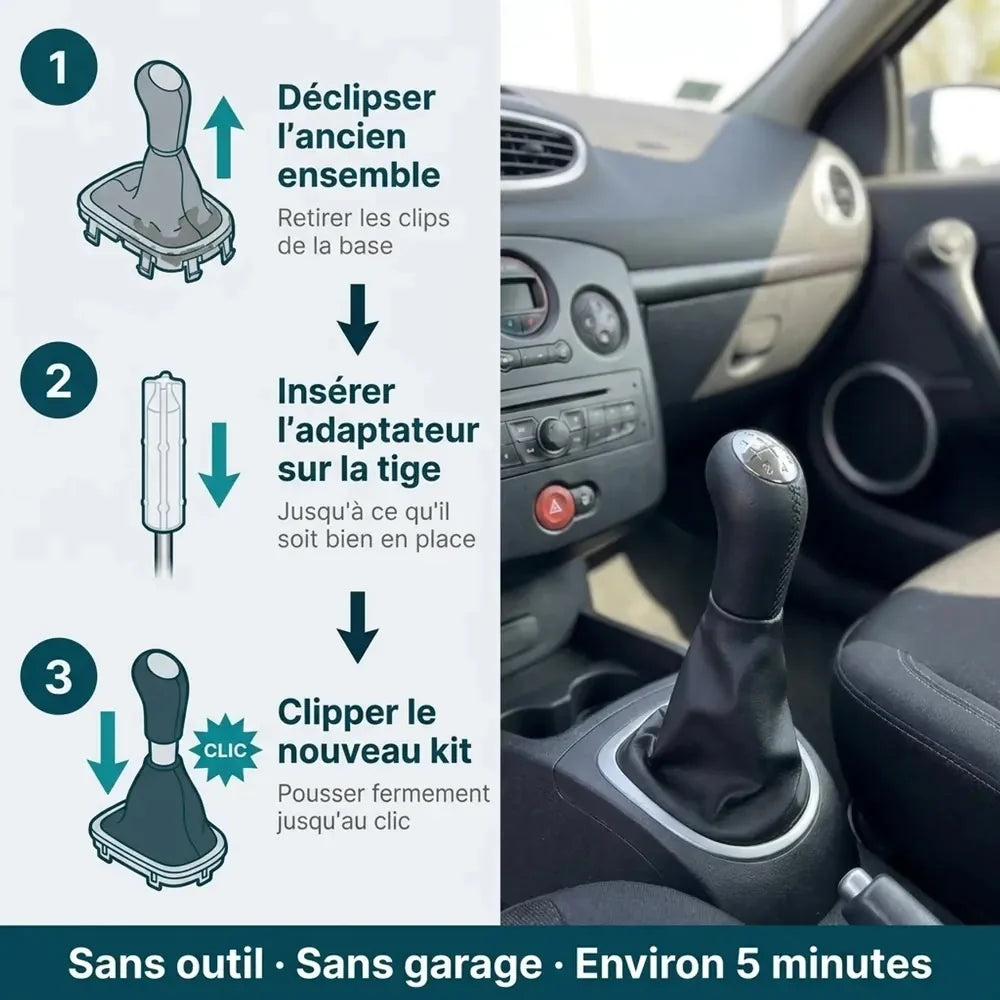 Guide d'installation du kit pommeau et soufflet en 3 étapes : déclipser l'ancien ensemble, insérer l'adaptateur sur la tige, clipper le nouveau kit, sans outil Image