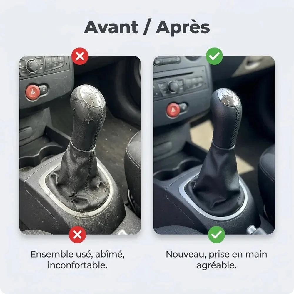 Comparatif avant/après entre l'ancien ensemble pommeau et soufflet usé et le nouveau kit installé