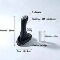 Fiche technique du kit pommeau et soufflet : hauteur 28 cm, base 16 x 9 cm, matériau ABS et simili cuir, poids 0,17 kg, adaptateur 6,3 cm, fixation par clips