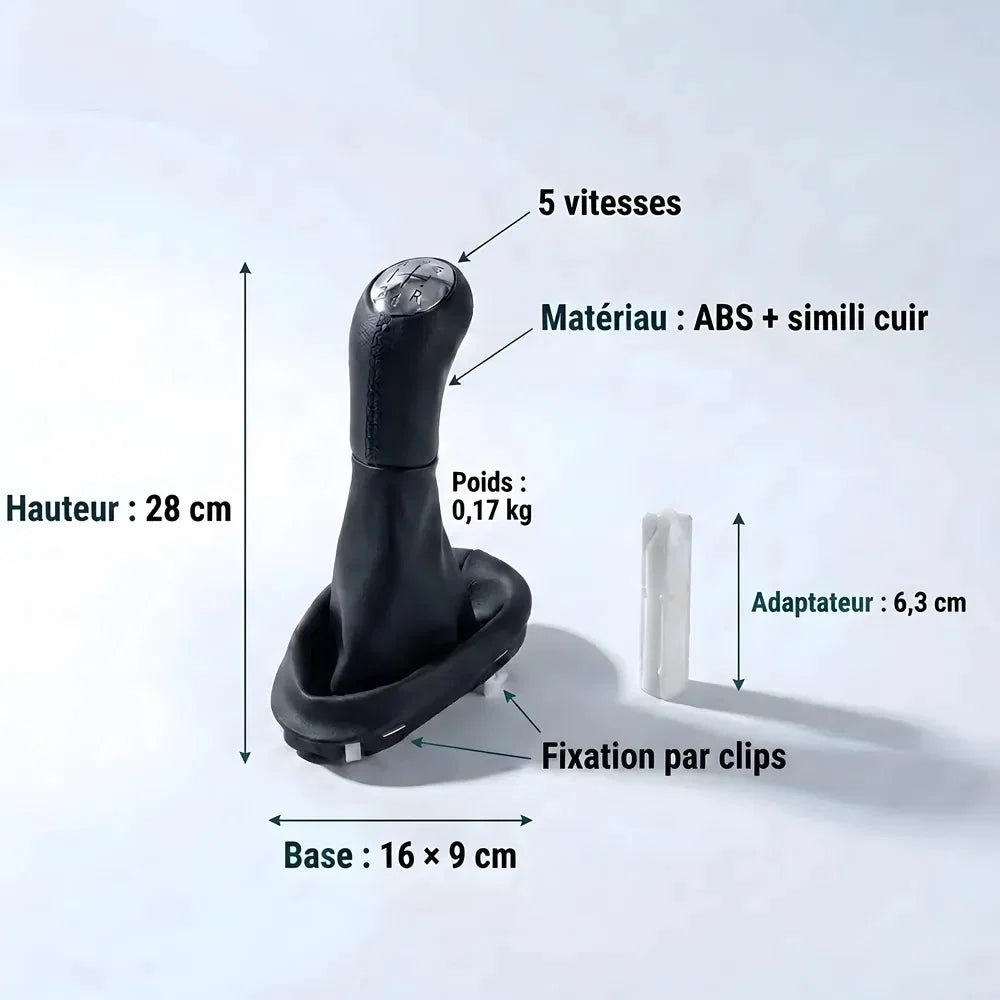 Fiche technique du kit pommeau et soufflet : hauteur 28 cm, base 16 x 9 cm, matériau ABS et simili cuir, poids 0,17 kg, adaptateur 6,3 cm, fixation par clips