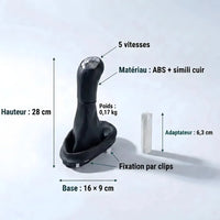 Fiche technique du kit pommeau et soufflet : hauteur 28 cm, base 16 x 9 cm, matériau ABS et simili cuir, poids 0,17 kg, adaptateur 6,3 cm, fixation par clips