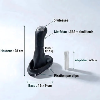 Fiche technique du kit pommeau et soufflet : hauteur 28 cm, base 16 x 9 cm, matériau ABS et simili cuir, poids 0,17 kg, adaptateur 6,3 cm, fixation par clips