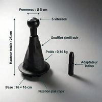 Fiche technique kit pommeau soufflet Peugeot Partner 2 — dimensions, hauteur 25 cm, base à clips, adaptateur inclus