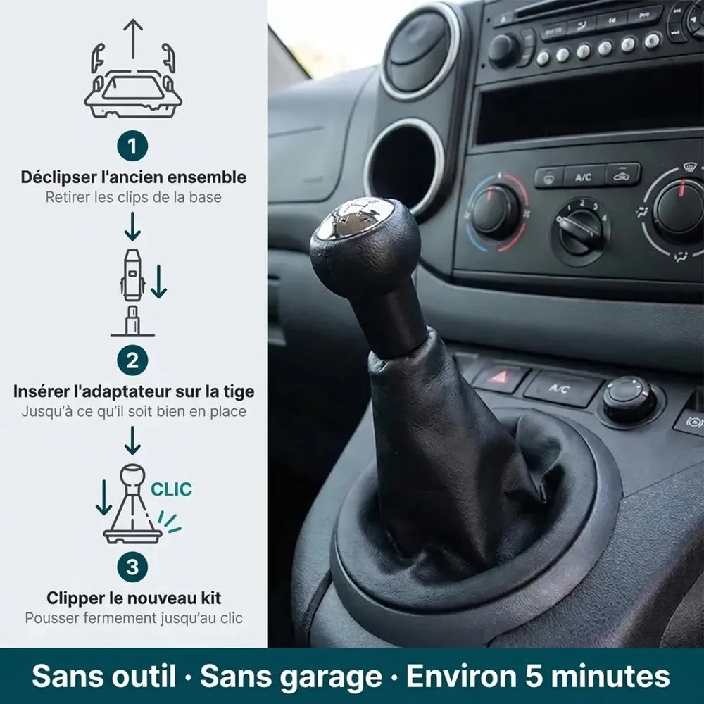 Guide installation kit pommeau soufflet Peugeot Partner 2 en 3 étapes, montage par clips sans outil