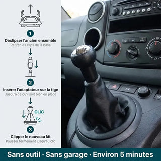 Guide installation kit pommeau soufflet Peugeot Partner 2 en 3 étapes, montage par clips sans outil